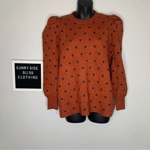 Andthewhy Burnt Orange Polka Dot Puffy Sleeve Fall Sweater S/M Cozy Knit